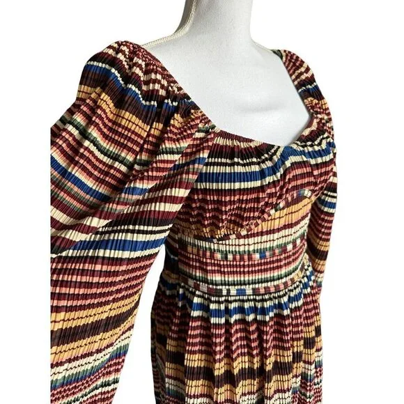 Zara Dress Fall Colors Striped Pleated Empire Waist SZ Medium Square Neck - Picture 4 of 13
